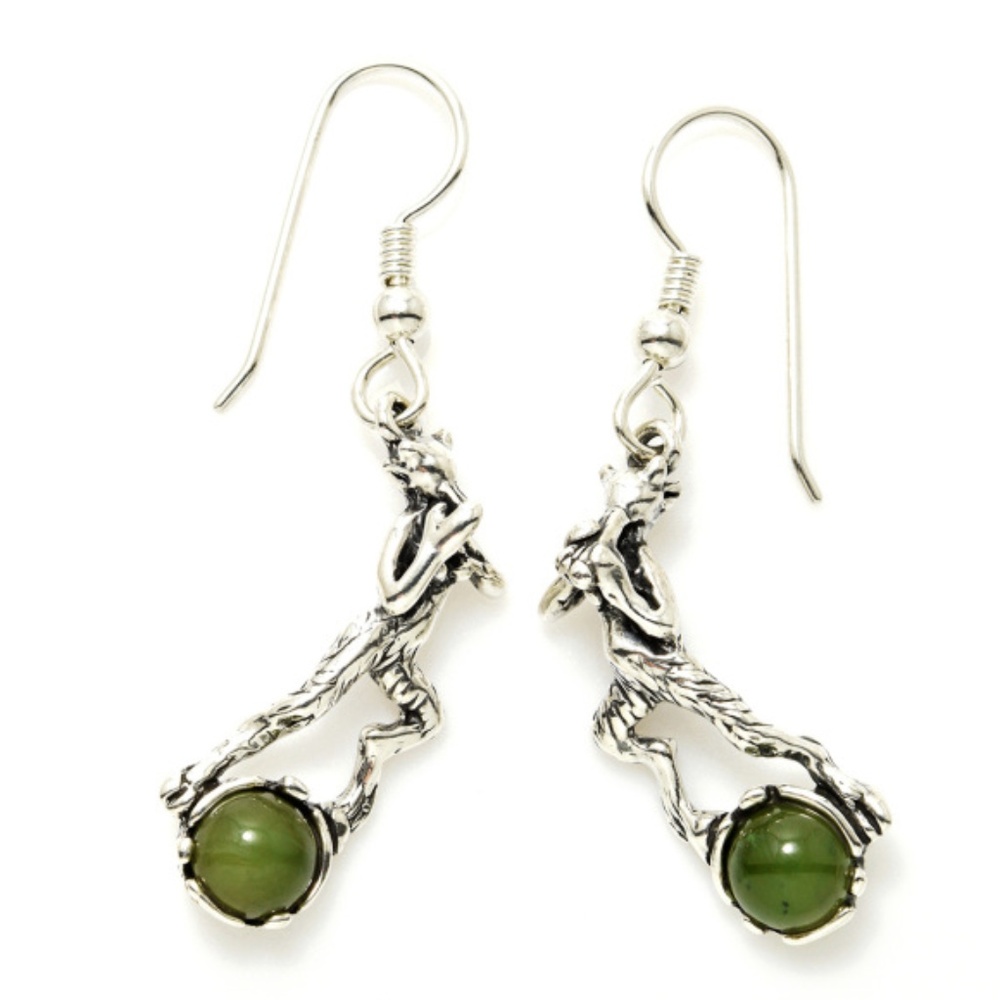 Pan Dancer Music Earrings .925 Sterling Silver w/ genuine Jade gems Made in USA - Picture 1 of 2
